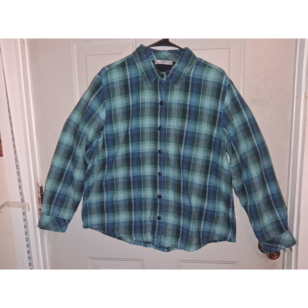Lee Riders Fleece Lined Flannel Shacket Teal Blue Plaid Shirt Jacket Women's L